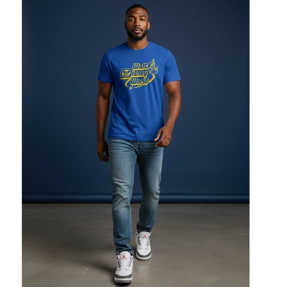 Walt Disney World Mens Blue Retro Logo Graphic T-Shirt Medium 100% Cotton